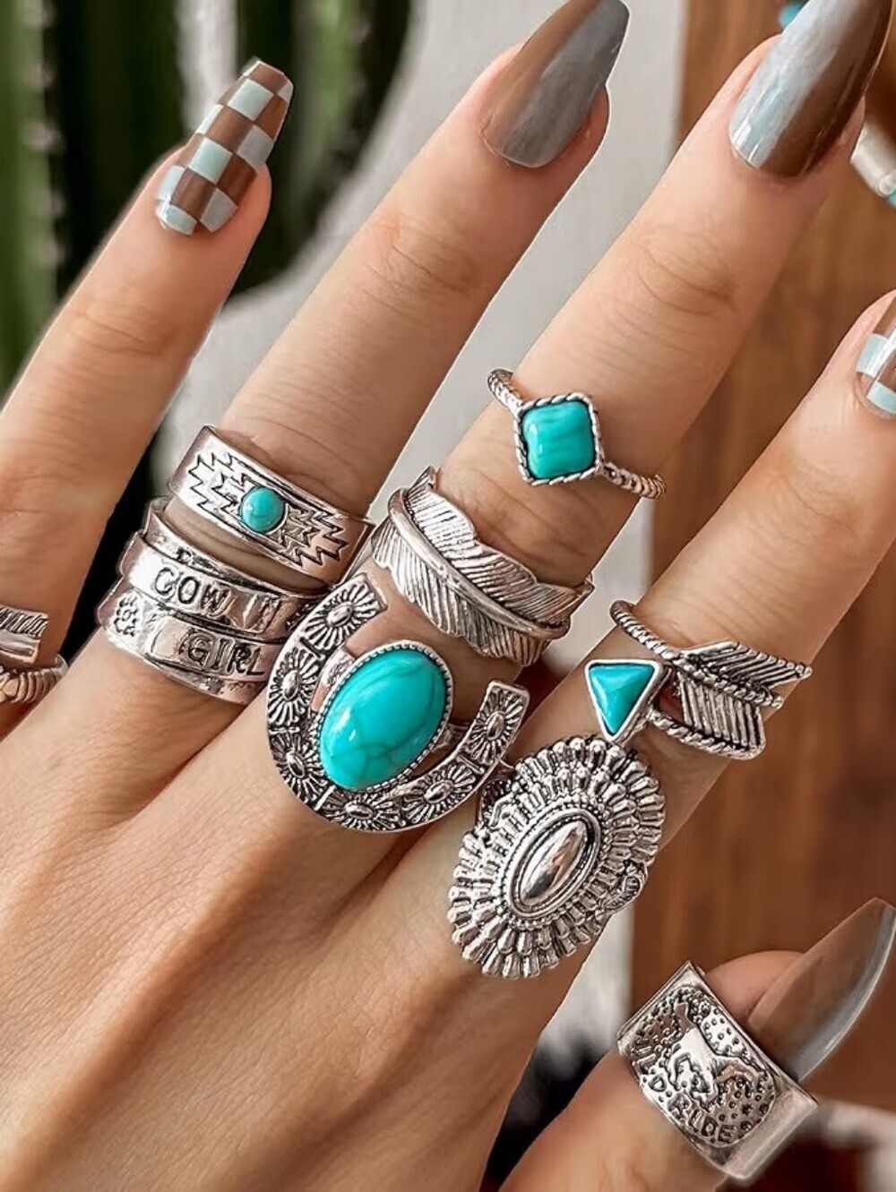 Vintage Rings Set Chunky Turquoise Stackable Rings Silver Bohemian Western